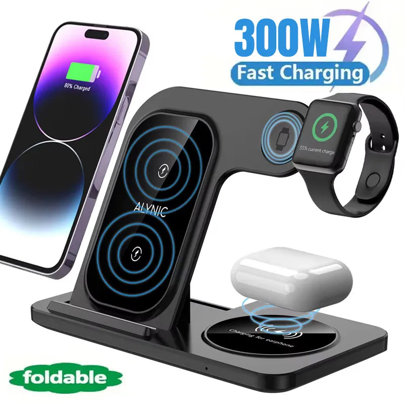 300W Foldable Wireless Charger Stand – 3 in 1 Fast Charging Dock