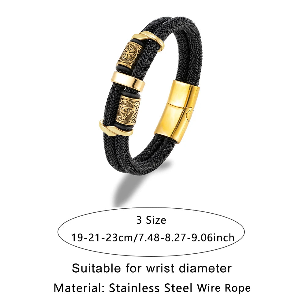 Vikings Runes Double-Layer Unfading Steel Wire Rope Bracelets Men Norse Gold Color Stainless Steel Wristband Luxury Male Jewelry