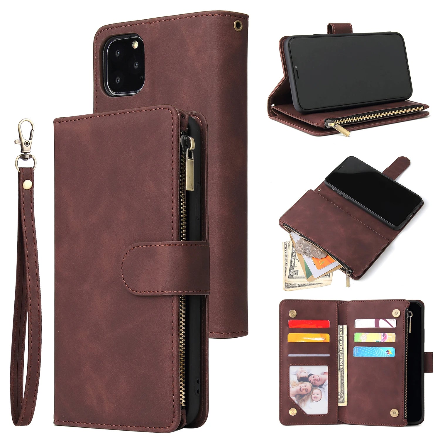iPhone Leather Wallet Case – Magnetic Flip with Card Slots & Zipper