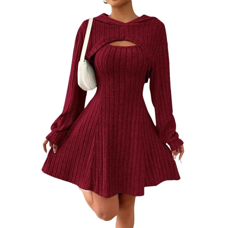 Women's Two-Piece Autumn Outfit – Long Sleeve Hooded Top & Sleeveless A-Line Dress