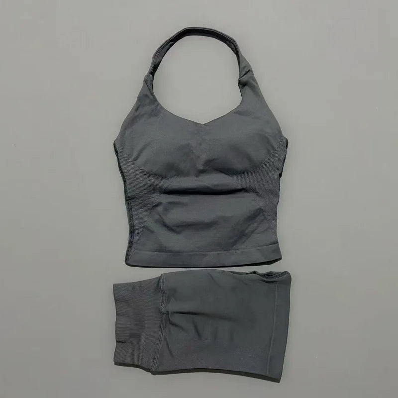 2 Pcs HISTELLO Halter Top Strappy Bra Shorts Set Women Yoga Workout Clothes Seamless Vest Hip-Lifting Sports Leggings Gym Suit