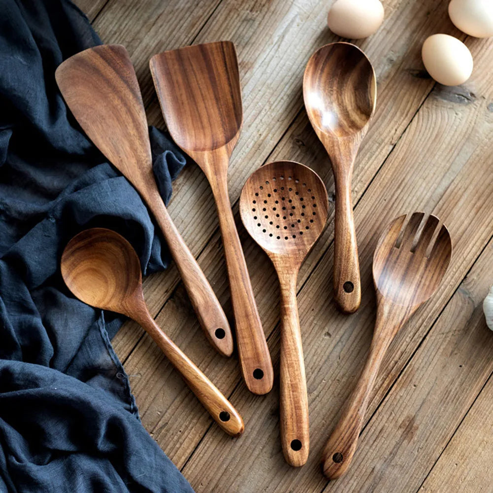 Wooden Kitchenware Cooking Shovels Spoon Colander Kitchen Utensils Set Household Cutlery Rack Teak Natural Wood Cookware