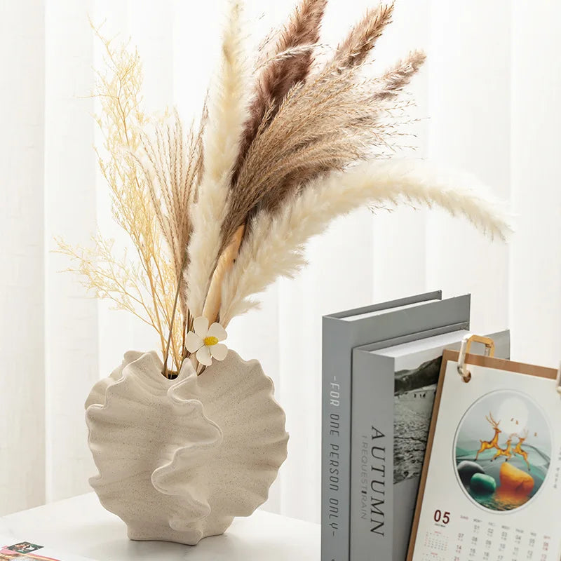 Ceramic Flower Vase Geometric Wavy Petal Design Porcelain Vase Home Decor