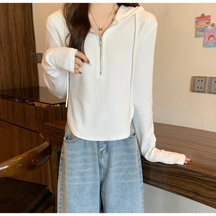 Sweatshirt Design Niche Spring Summer Short Zipper Top Slimming Thin Long-sleeved Hooded Fashion Women's Clothing