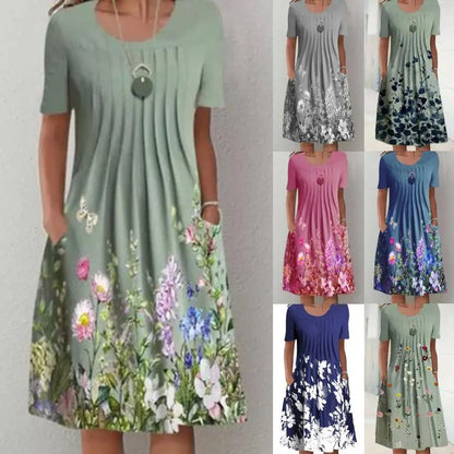 Summer Women’s Floral O-Neck Dress – Casual Knee-Length Short Sleeve A-Line Dress
