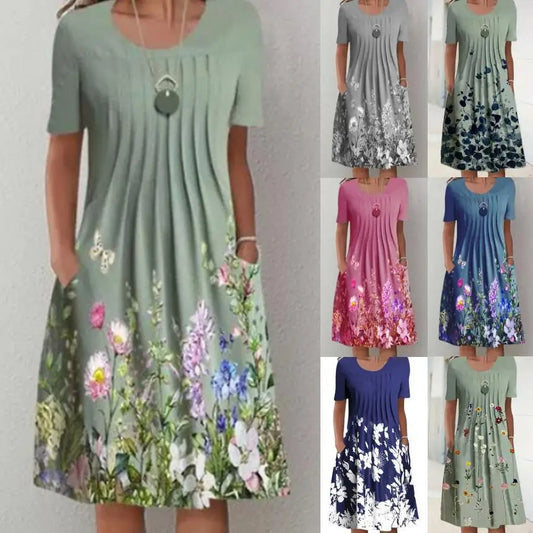 Summer Women’s Floral O-Neck Dress – Casual Knee-Length Short Sleeve A-Line Dress
