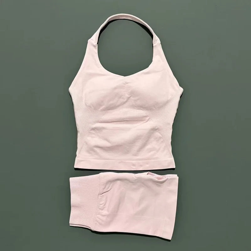 2 Pcs HISTELLO Halter Top Strappy Bra Shorts Set Women Yoga Workout Clothes Seamless Vest Hip-Lifting Sports Leggings Gym Suit