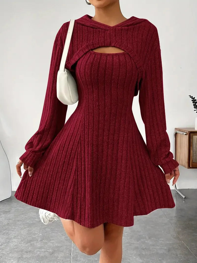 Women's Two-Piece Autumn Outfit – Long Sleeve Hooded Top & Sleeveless A-Line Dress