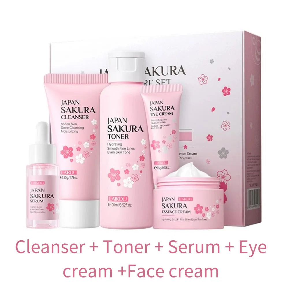 Cherry Blossom Travel Skin Care Set – Cleanser, Serum, Eye & Face Cream, Sunscreen