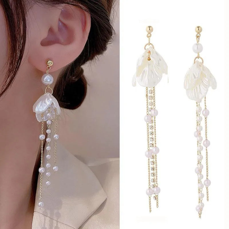925 Silver Needle Pearl Tassel Drop Earrings for Women – Trendy Zircon Statement Jewellery
