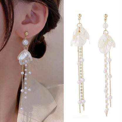925 Silver Needle Pearl Tassel Drop Earrings for Women – Trendy Zircon Statement Jewellery