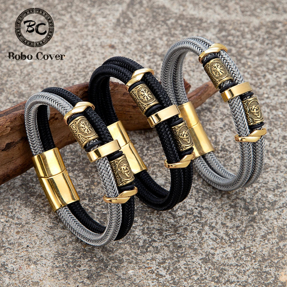 Vikings Runes Double-Layer Unfading Steel Wire Rope Bracelets Men Norse Gold Color Stainless Steel Wristband Luxury Male Jewelry
