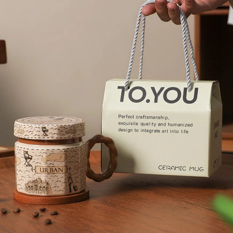 Retro Ceramic Coffee Mug with Lid – Vintage Style Luxury Drinking Cup