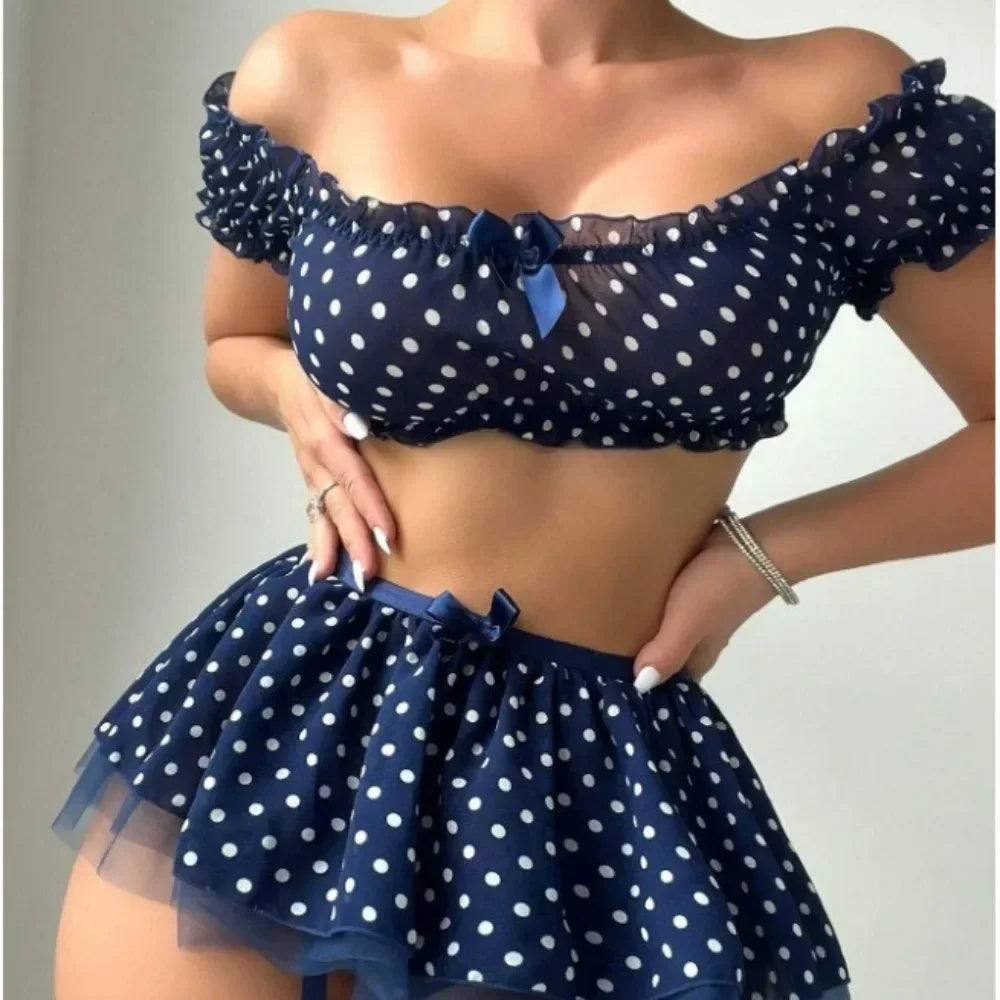 Women's Erotic  Short Skirt with Garter Straps Sexy Lingerie Women Sexy Polka Dot Off Shoulder Puffy Skirt Polka  Exotic Set