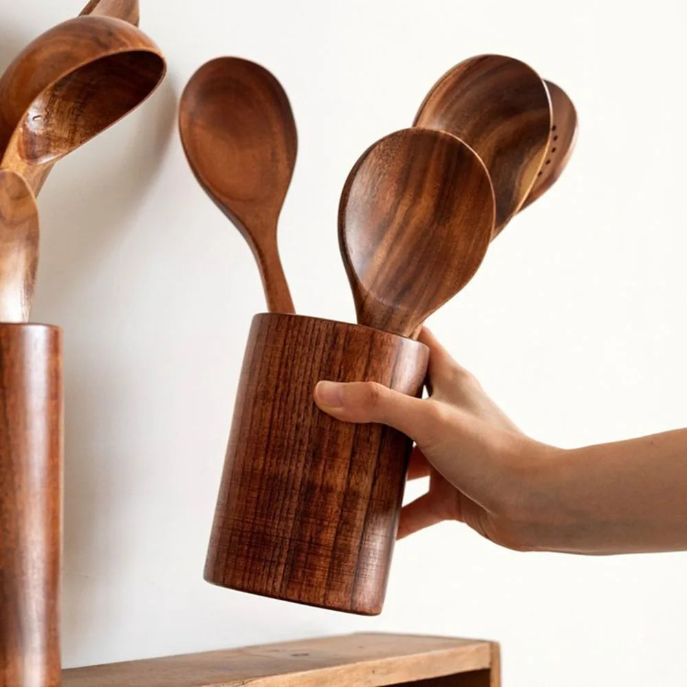 Wooden Kitchenware Cooking Shovels Spoon Colander Kitchen Utensils Set Household Cutlery Rack Teak Natural Wood Cookware