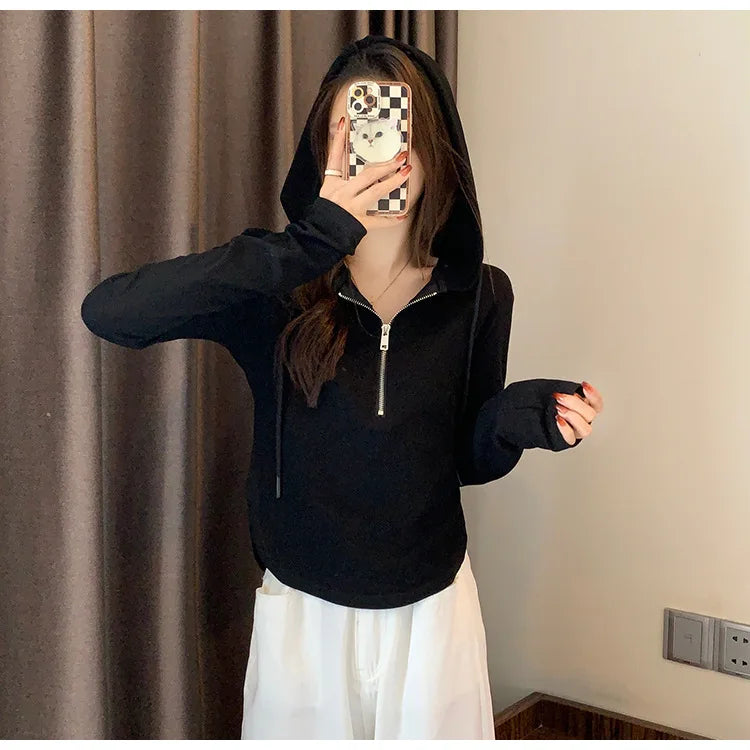 Sweatshirt Design Niche Spring Summer Short Zipper Top Slimming Thin Long-sleeved Hooded Fashion Women's Clothing