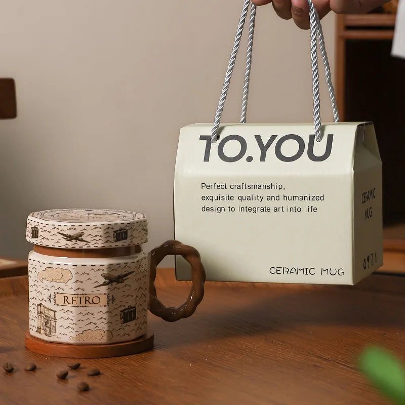 Retro Ceramic Coffee Mug with Lid – Vintage Style Luxury Drinking Cup