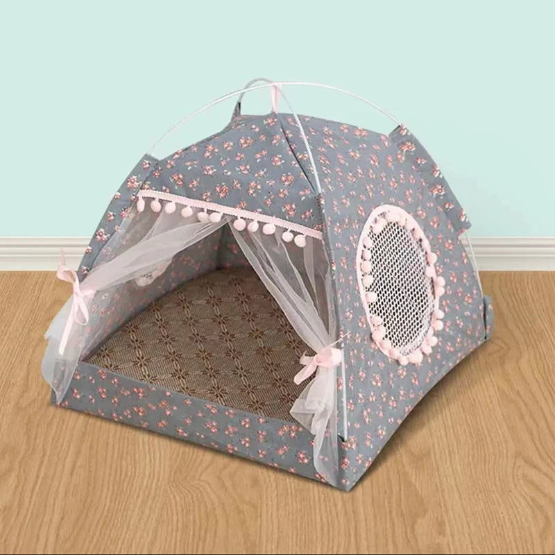 Semi Enclosed Cat Tent Bed Floral Pet Nest for Cats & Small Dogs Cozy All Season Pet House Breathable Summer Cat Bed
