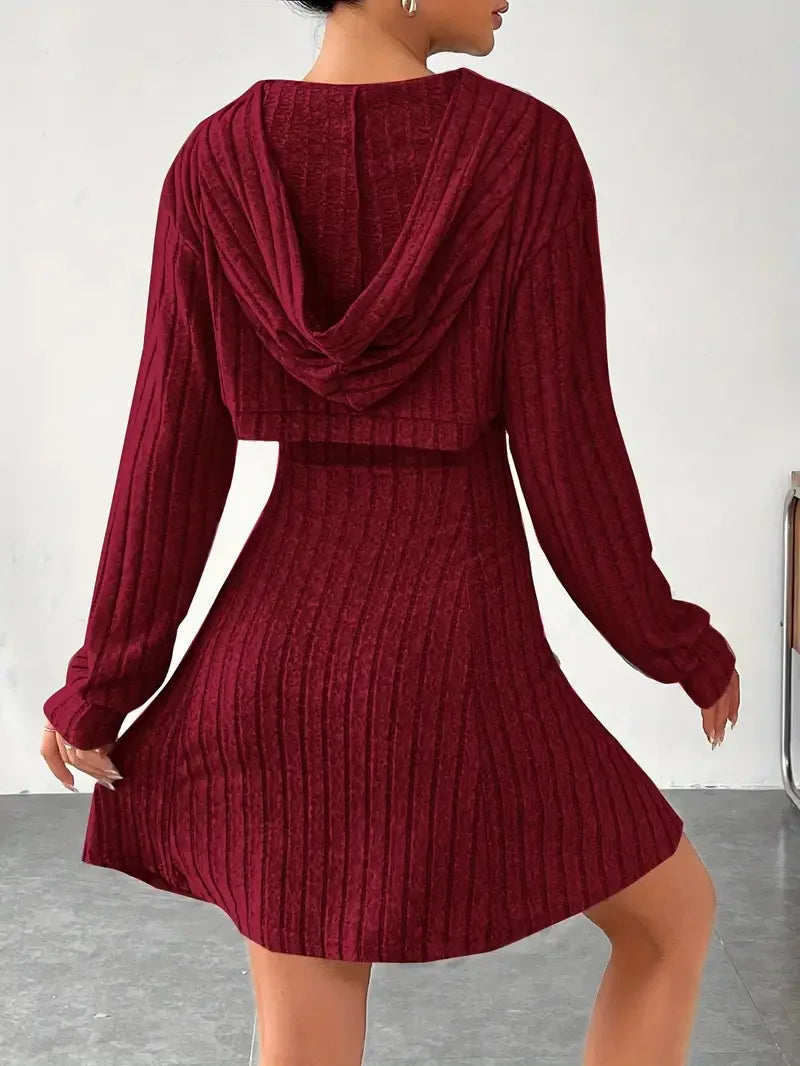 Women's Two-Piece Autumn Outfit – Long Sleeve Hooded Top & Sleeveless A-Line Dress