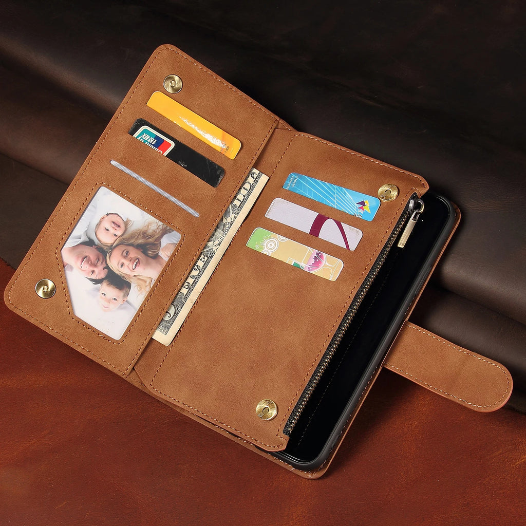 iPhone Leather Wallet Case – Magnetic Flip with Card Slots & Zipper