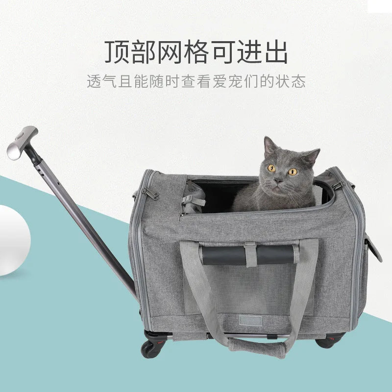 Silent Large Capacity Cat Bag Portable Foldable Pet Suitcase Universal Wheels Breathable Pet Travel Backpack