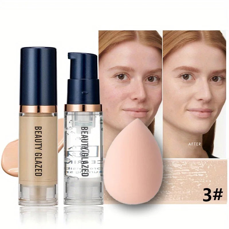 3-Piece Face Makeup Set – Matte Waterproof Liquid Foundation Primer & Makeup Puff