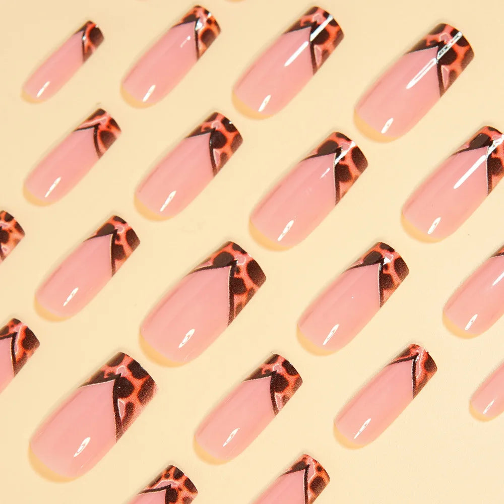24pcs Medium Long Press-On Nails – Y2K Leopard Gradient Square Ballet Tips
