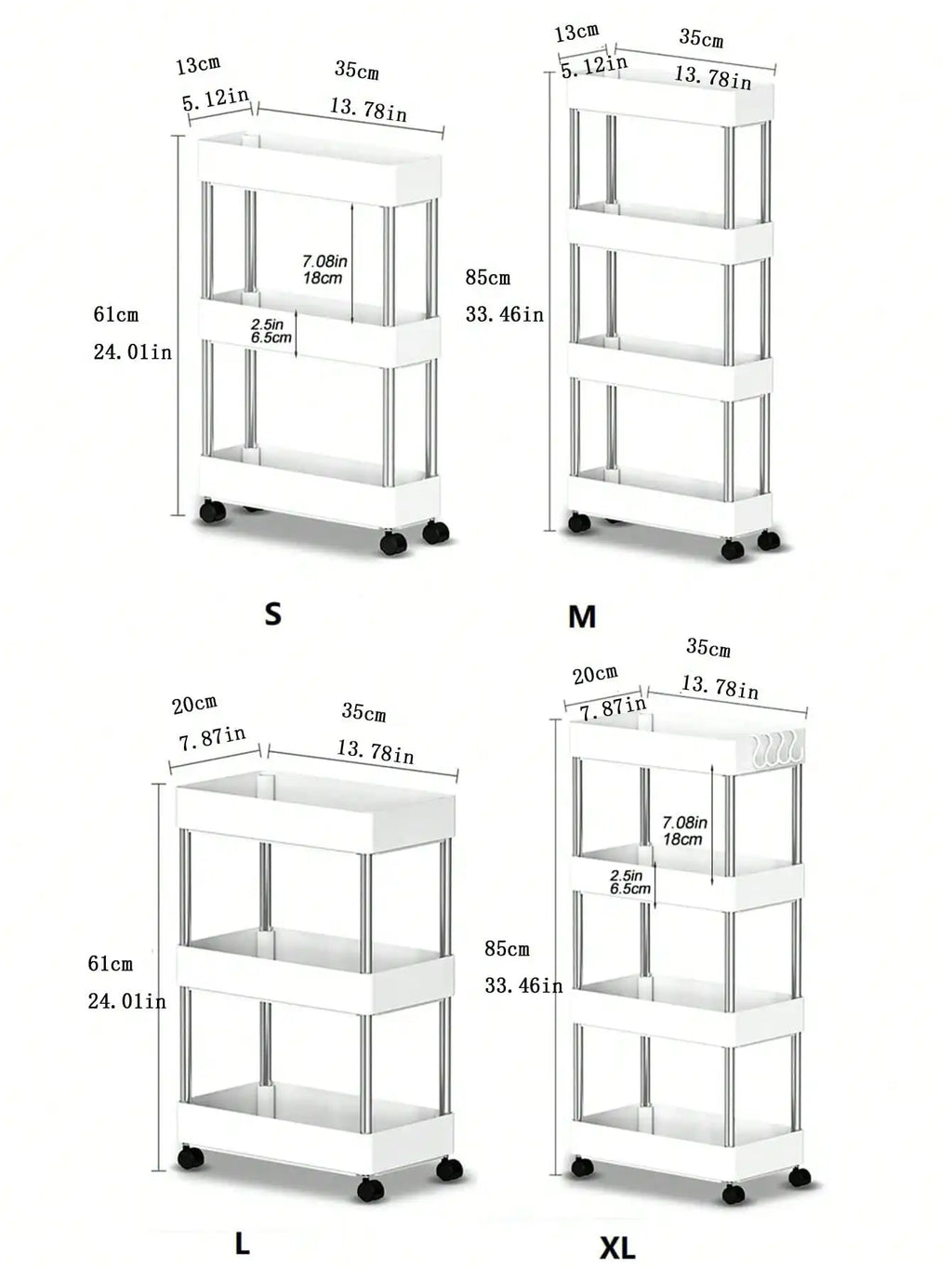 3/4 Tier Rolling Utility Cart Slim Storage Organizer Movable Gap Shelf for Kitchen Bathroom Living Room