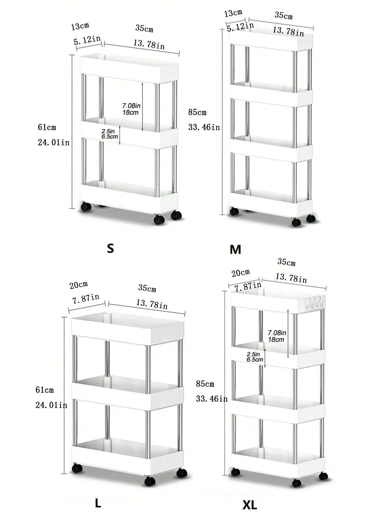 3/4 Tier Rolling Utility Cart Slim Storage Organizer Movable Gap Shelf for Kitchen Bathroom Living Room