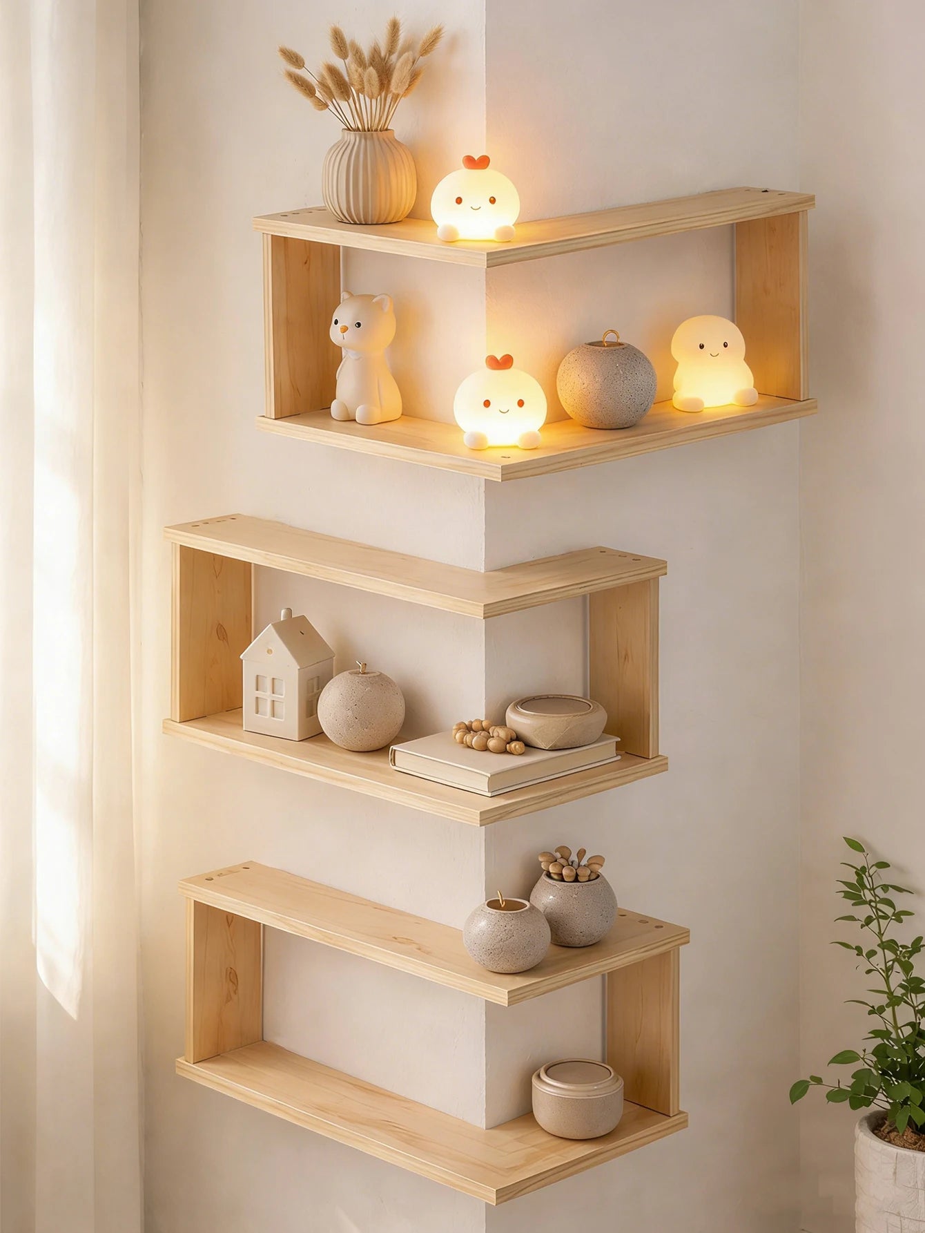 Corner Floating Wooden Shelf – Wall Mounted Storage for Plants & Decor