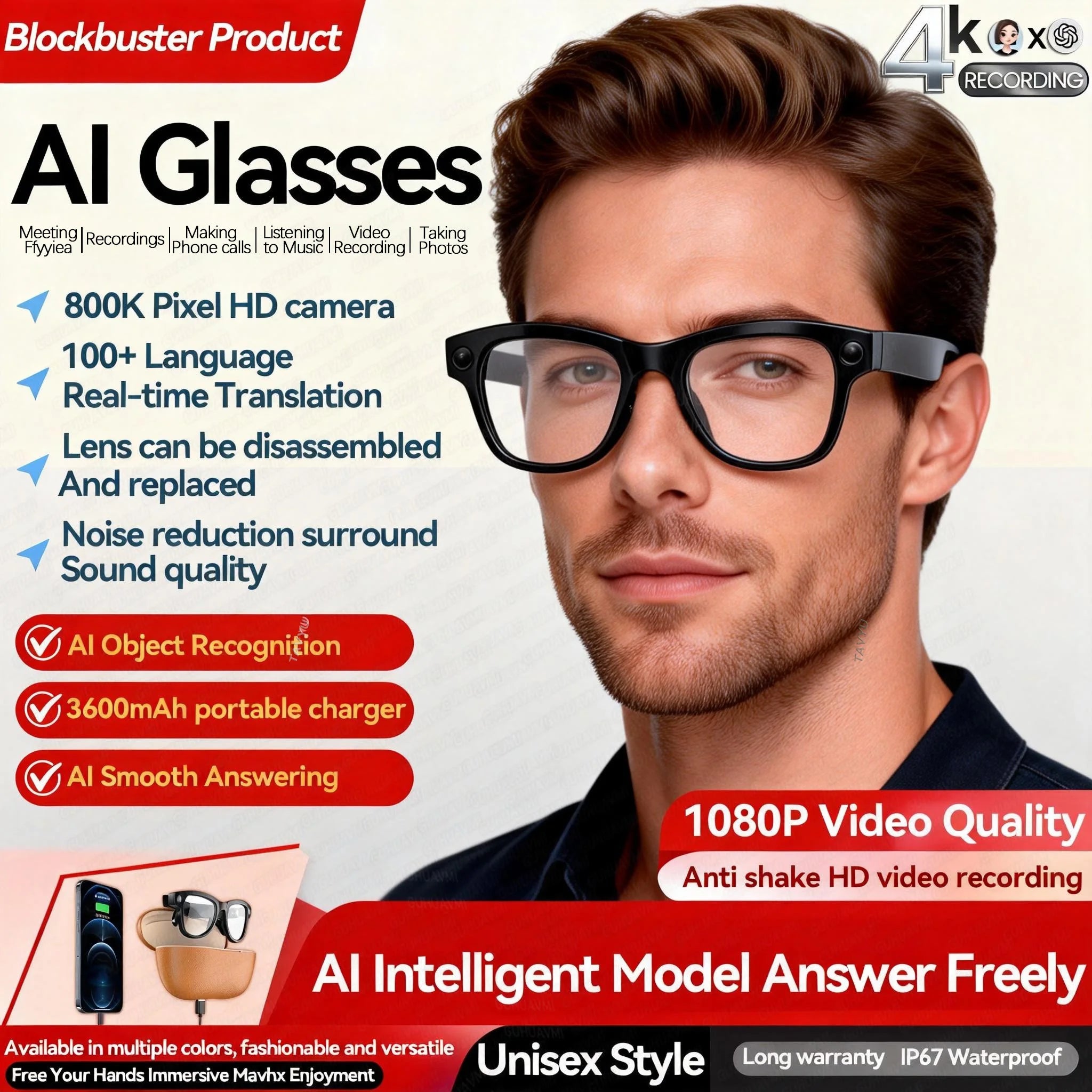 Study Travel Smart Glasses Men 800W Pixel Camera 4k Ultra HD 1080P Video Recording Take Photo AI Chat Music Call AI Glasses 2026