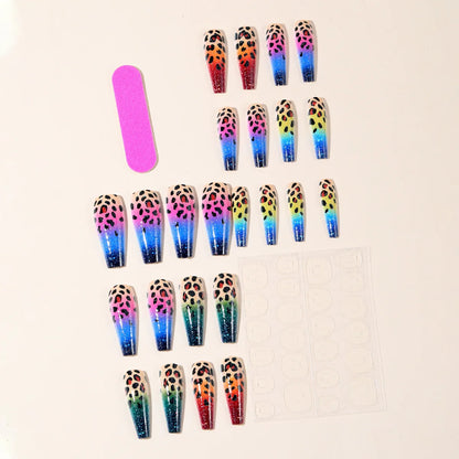 24pcs Medium Long Press-On Nails – Y2K Leopard Gradient Square Ballet Tips