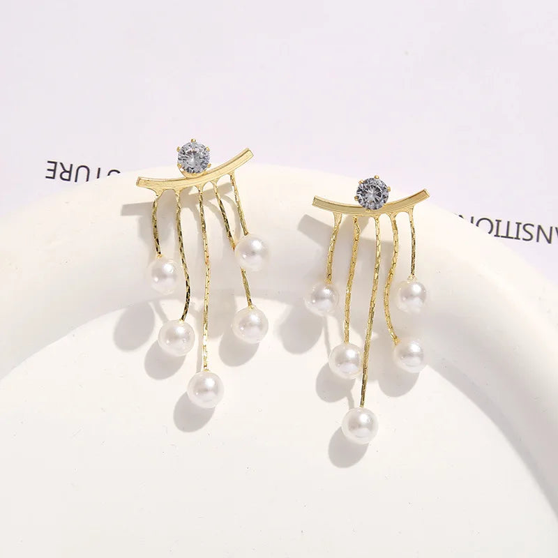 925 Silver Needle Pearl Tassel Drop Earrings for Women – Trendy Zircon Statement Jewellery