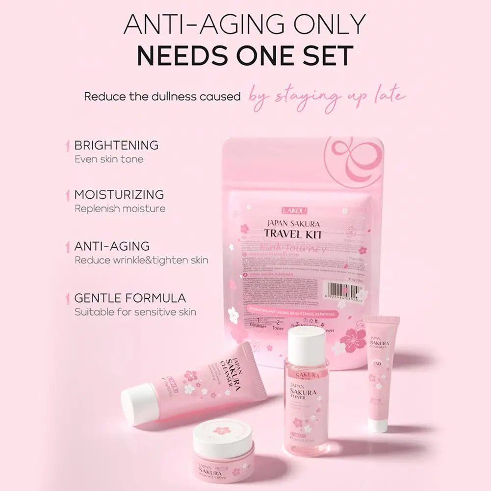 Cherry Blossom Travel Skin Care Set – Cleanser, Serum, Eye & Face Cream, Sunscreen