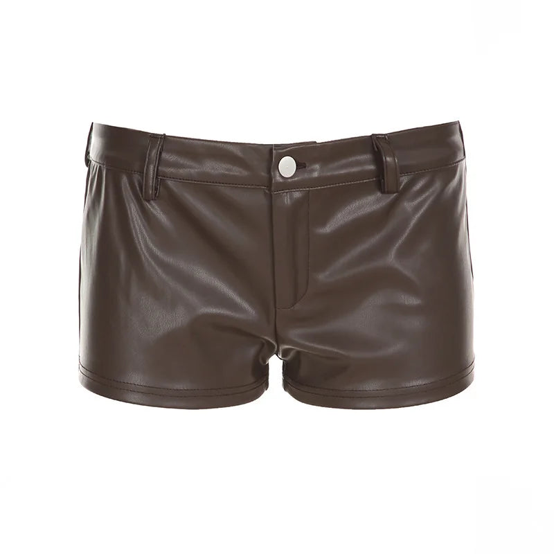 Street Style Spice Girls Fashion New Sexy Brown Pu Leather Super Shorts Women Low Waist Tight Hip Wrap Hot Pants