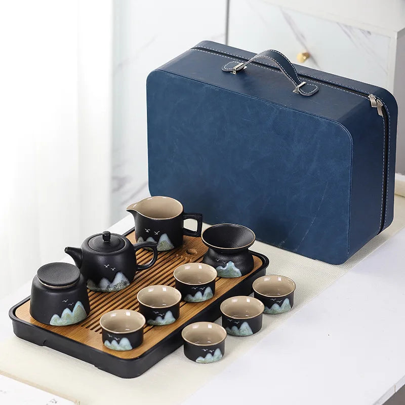 11PCS Japanese Travel Tea Set – Ceramic Teapot Cups with Bamboo Tray
