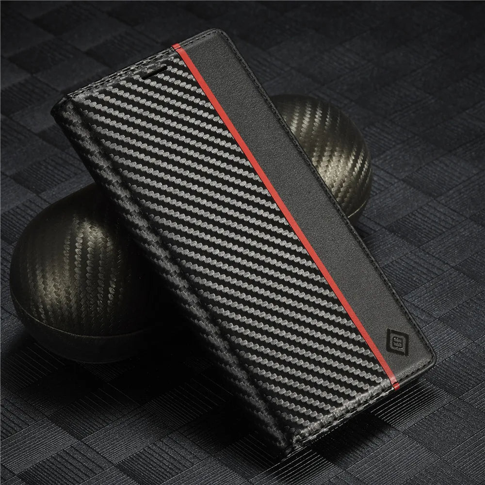 Carbon Fibre PU Leather Wallet Flip Case for iPhone with Card Slot & Magnetic Cover