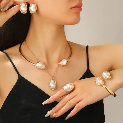 Trendy Baroque Pearl Necklace, Bracelet & Ring Set – Wedding & Party Jewellery for Women