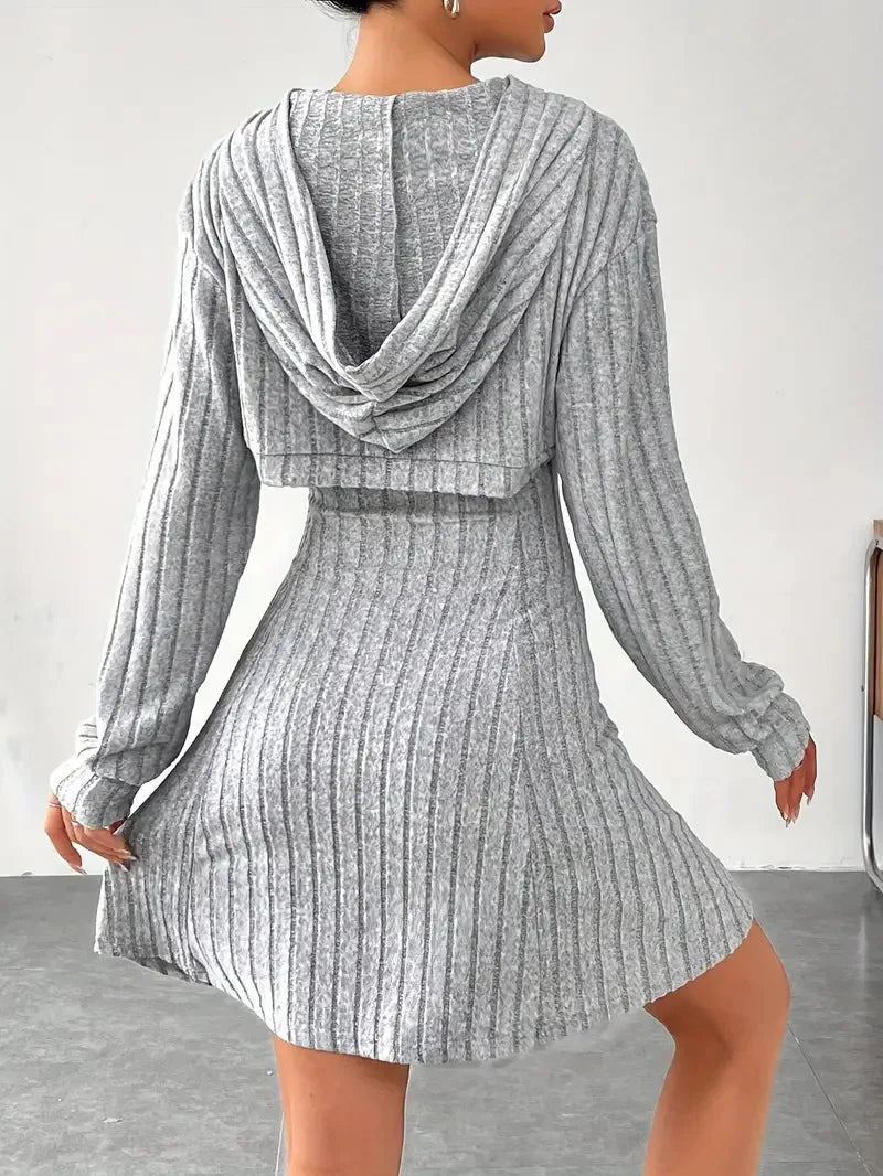 Women's Two-Piece Autumn Outfit – Long Sleeve Hooded Top & Sleeveless A-Line Dress