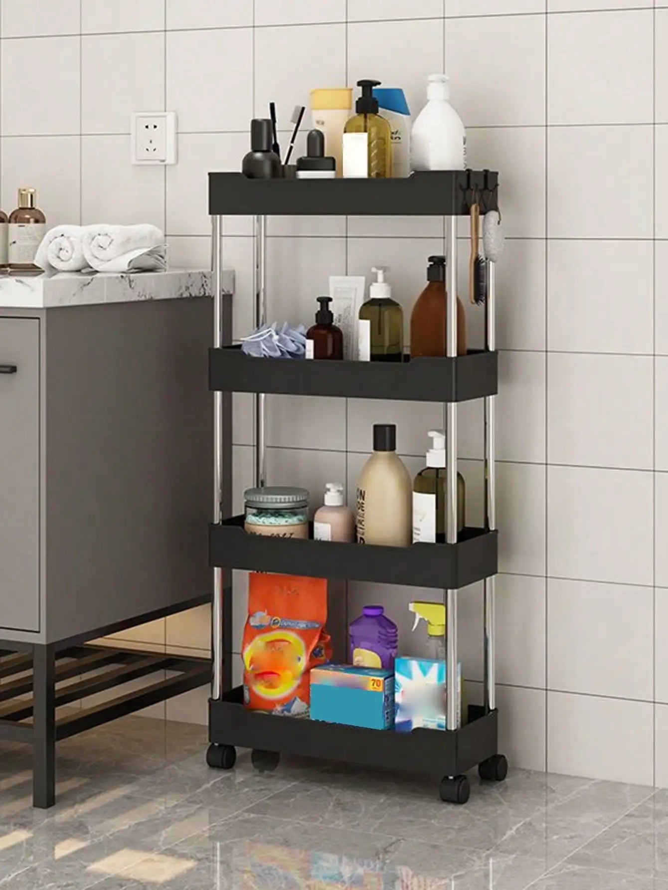 3/4 Tier Rolling Utility Cart Slim Storage Organizer Movable Gap Shelf for Kitchen Bathroom Living Room