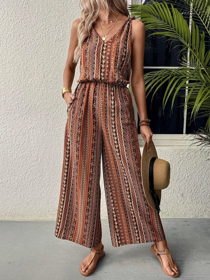 Women's Striped Sleeveless Jumpsuit – Elastic Waist Summer Romper with Wide Leg Pants