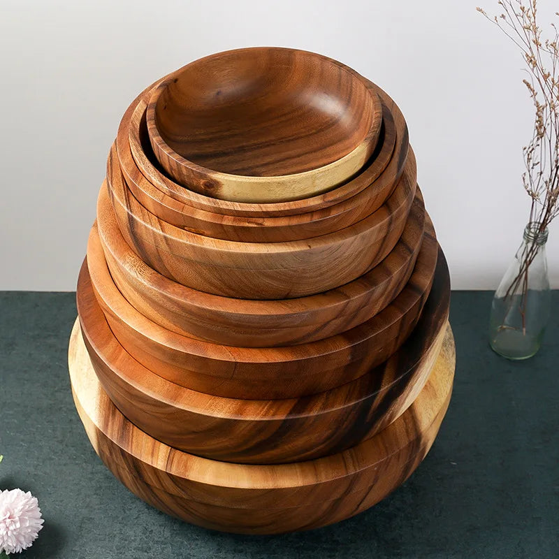 Extra Large Solid Wood Bowl & Tray Set Round Wooden Salad Bowl Ramen Mixing Bowl Natural Wood Tableware