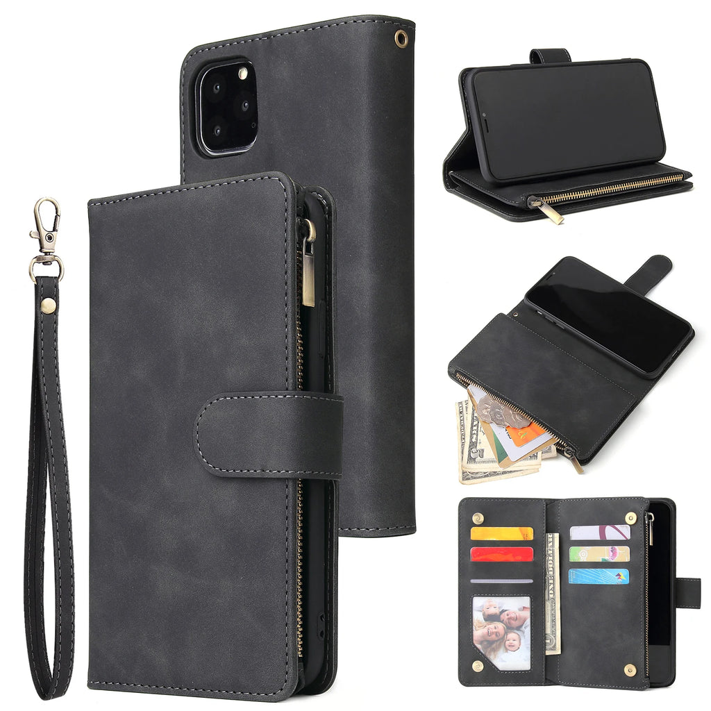 iPhone Leather Wallet Case – Magnetic Flip with Card Slots & Zipper