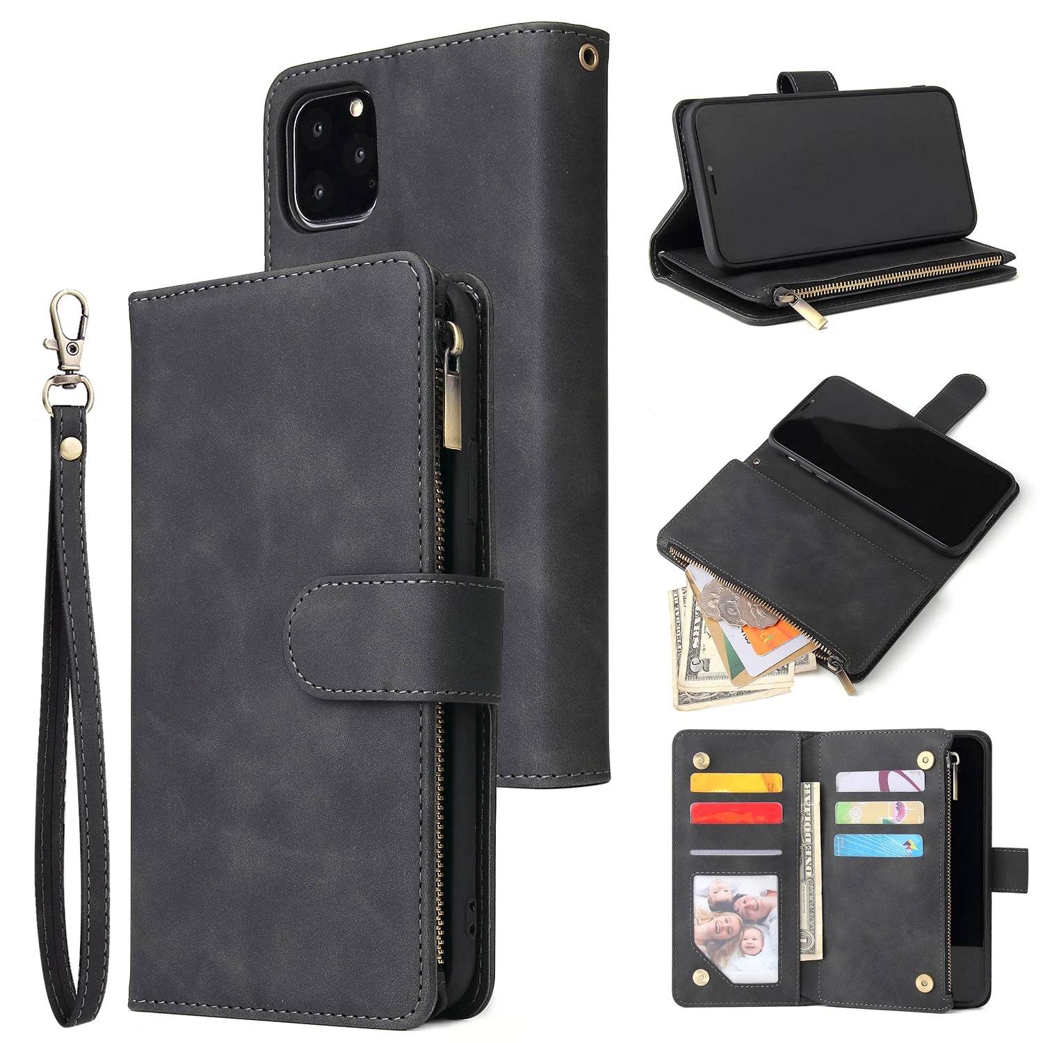iPhone Leather Wallet Case – Magnetic Flip with Card Slots & Zipper
