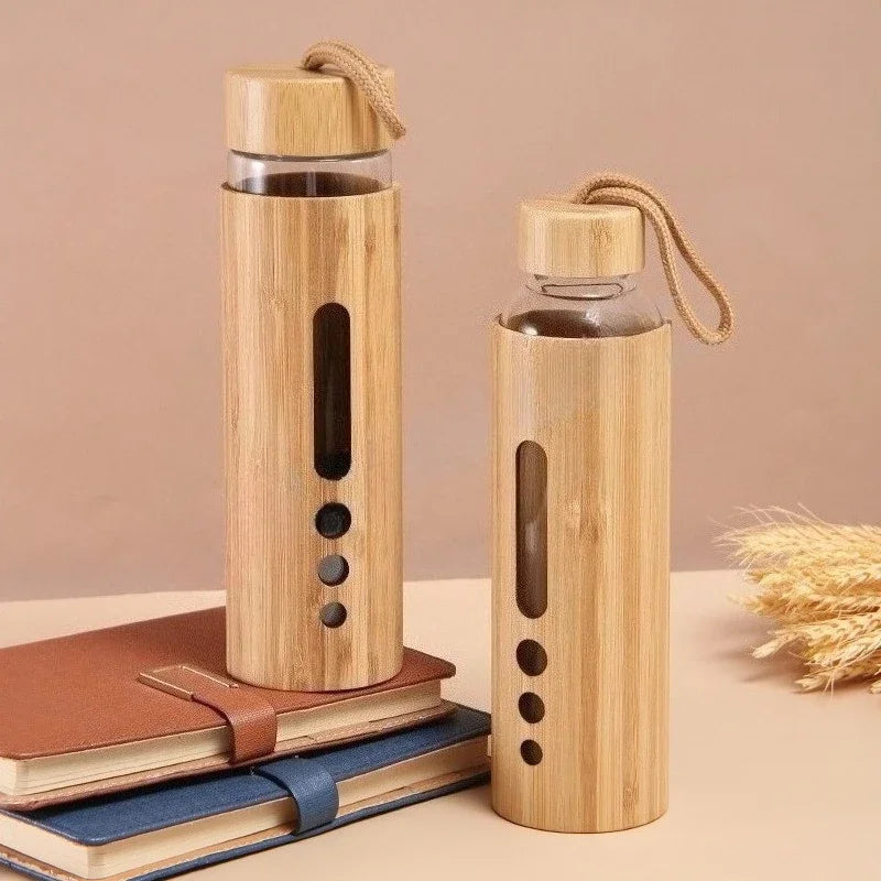 550ML Borosilicate Glass Water Bottle Bamboo Sleeve Cover Eco-Friendly Reusable Travel Drinkware Protective Tumbler Outdoor Cups