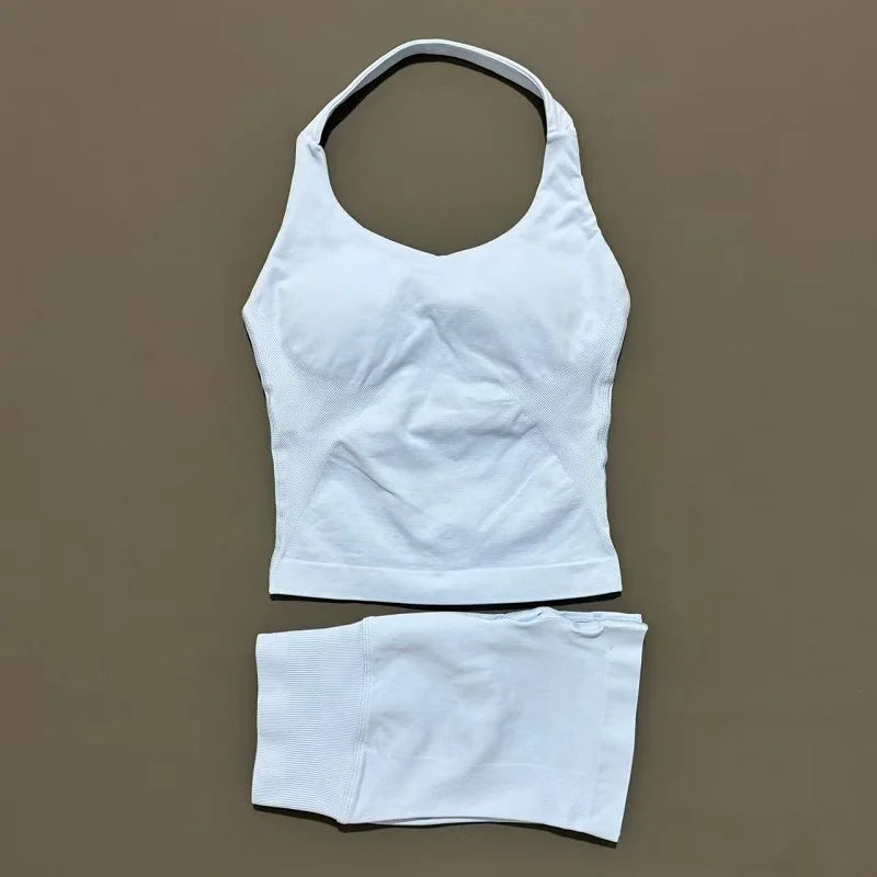 2 Pcs HISTELLO Halter Top Strappy Bra Shorts Set Women Yoga Workout Clothes Seamless Vest Hip-Lifting Sports Leggings Gym Suit