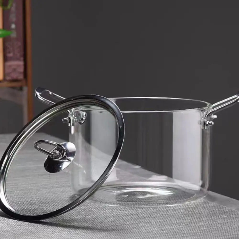 Heat-resistant glass double-eared transparent soup pot kitchen household high borosilicate glass stainless steel handle noodle