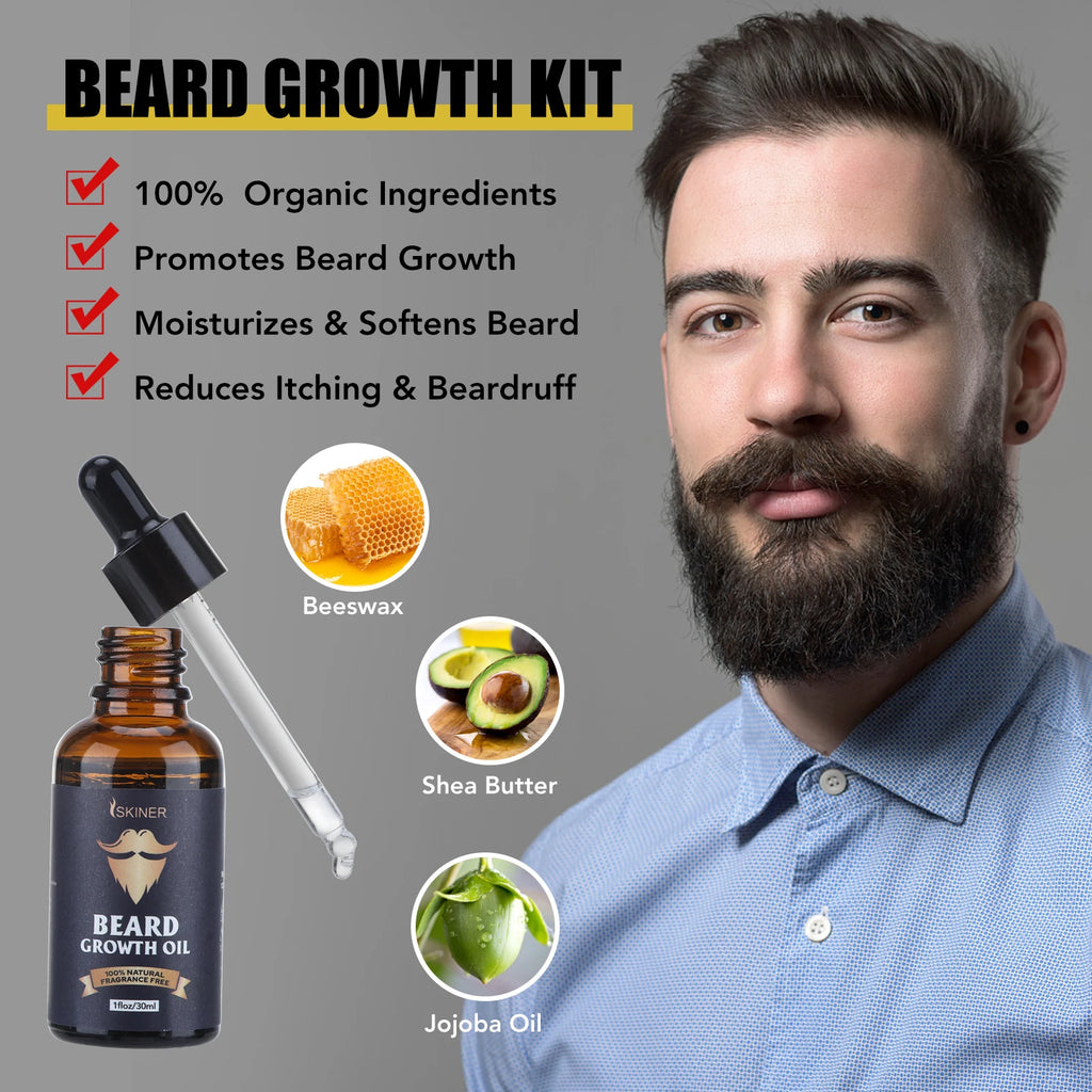 Beard Growth Kit – Oil Wax Roller Comb & Grooming Set for Men