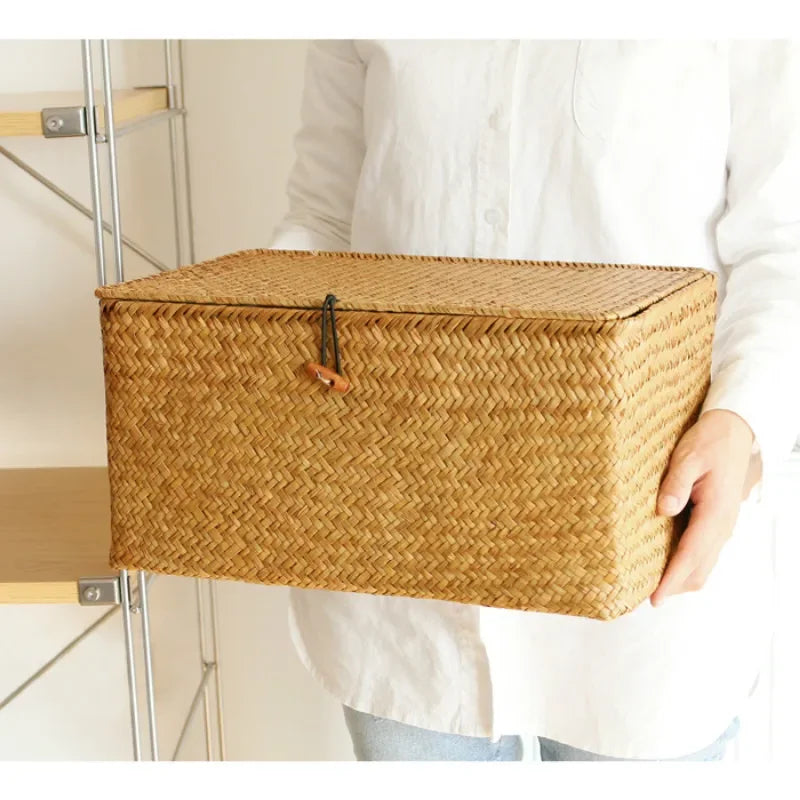 Handmade Seagrass Storage Box with Lid – Woven Basket Organizer