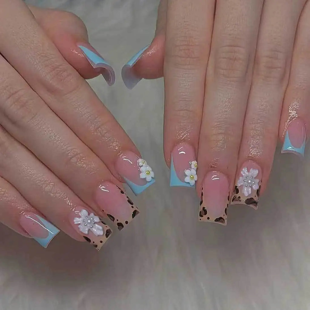 24pcs Medium Long Press-On Nails – Y2K Leopard Gradient Square Ballet Tips